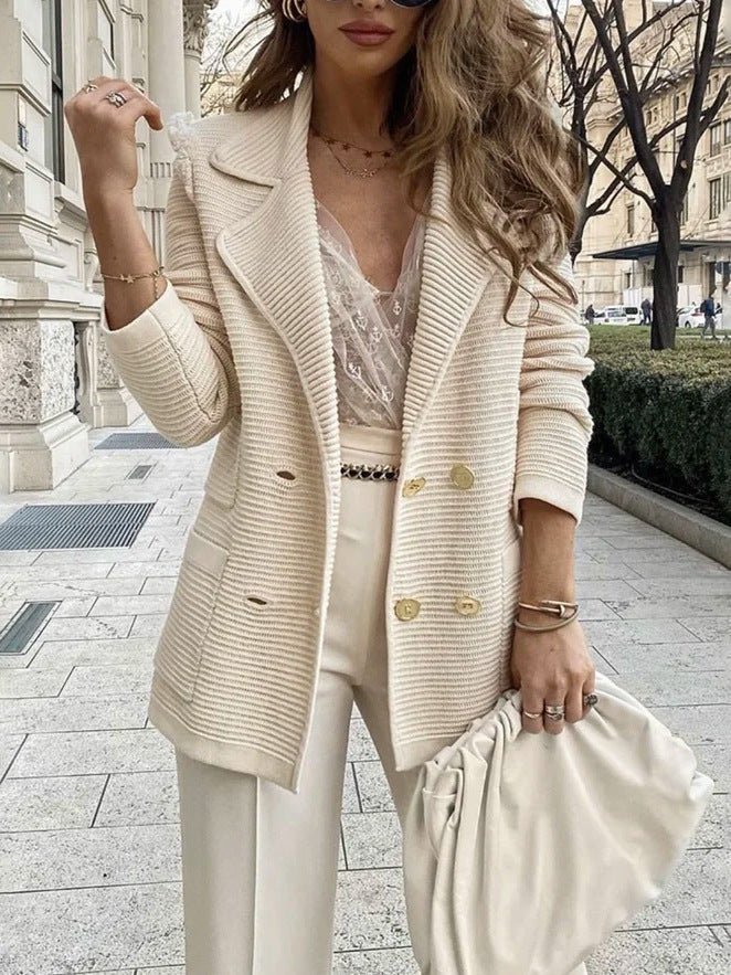 Women's Corduroy Blazer with Gold Buttons, Notched Lapels and Long Sleeves