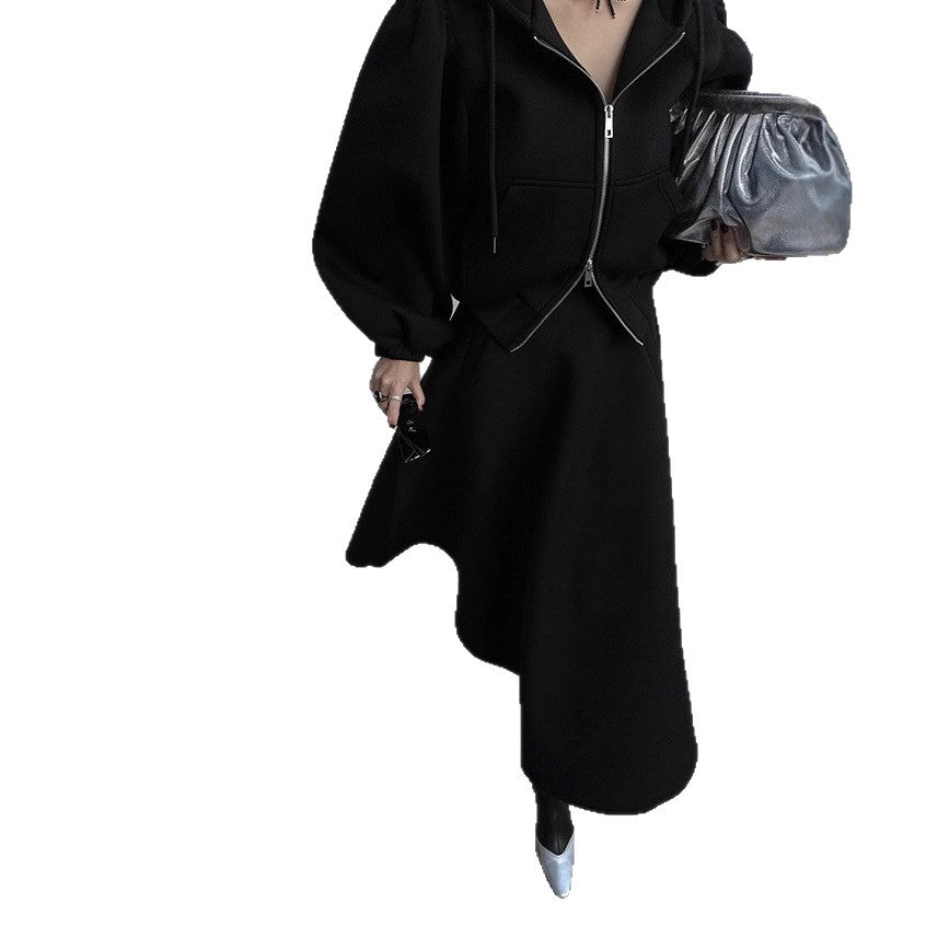 Ensemble jupe longue et sweat à capuche zippé manches bouffantes