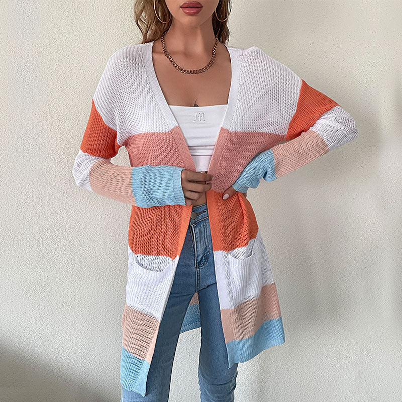 Cardigan long femme rayé couleurs vives, manches longues