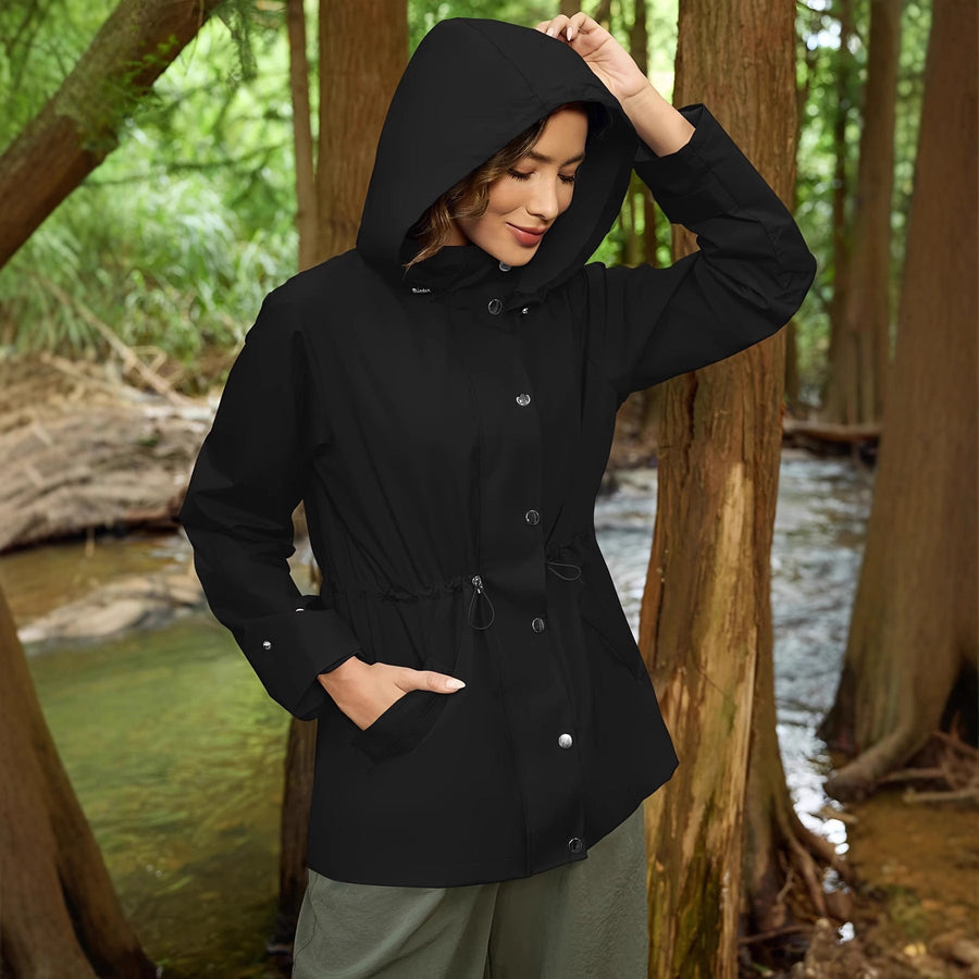 Women's Lightweight Hooded Parka with Waist Drawstring, Black