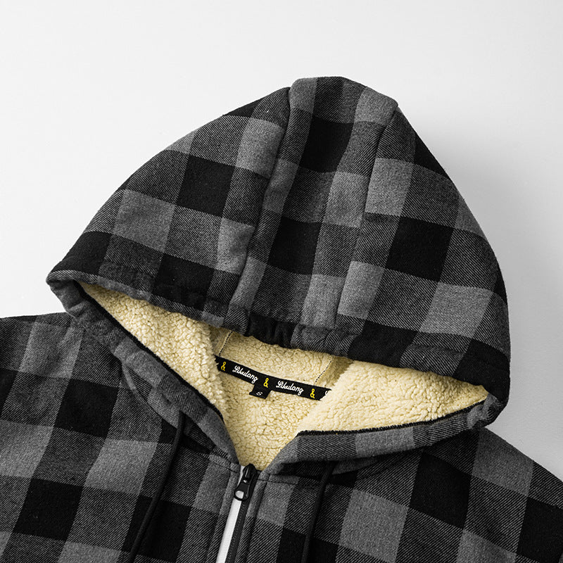 Chaqueta con capucha y forro de cuadros para hombre - Negro y gris