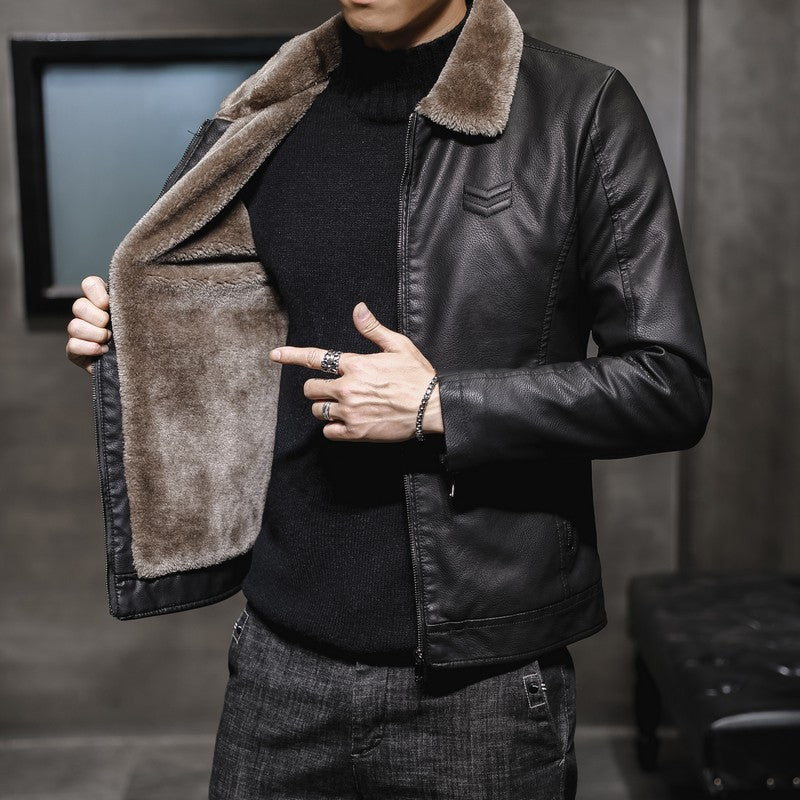 Men's solid-color bomber jacket lined with faux fur