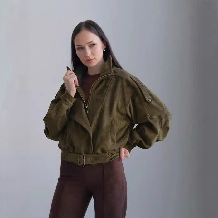 Women's Short Khaki Green Biker-Style Jacket with Belt and Stand Collar