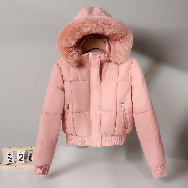 Women's short hooded puffer jacket with faux-fur trim