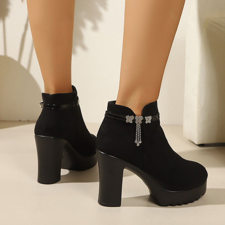 Bottines Femme à Talon Bloc Haut et Plateforme, Bout Arrondi, Détail Nœud Papillon Strass