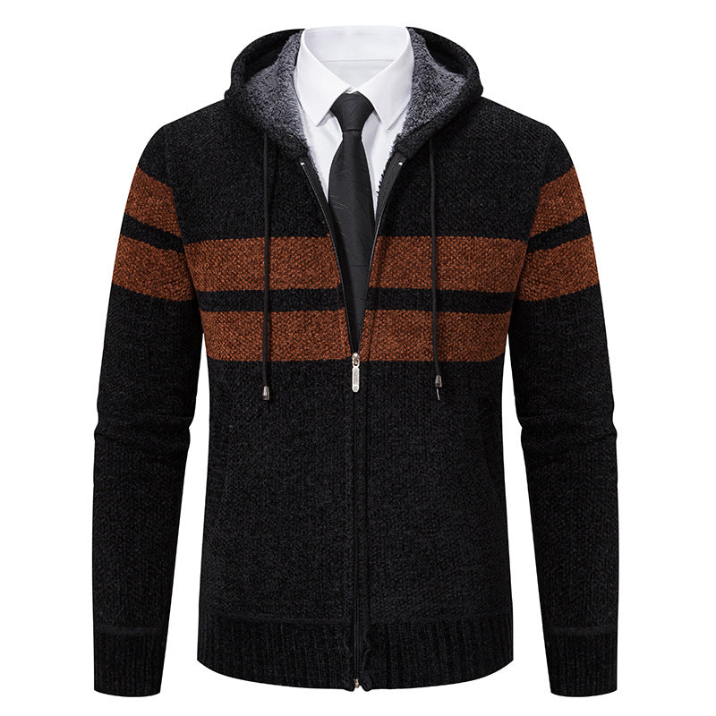 Strikket cardigan for menn med glidelås, hette og mykt fôr