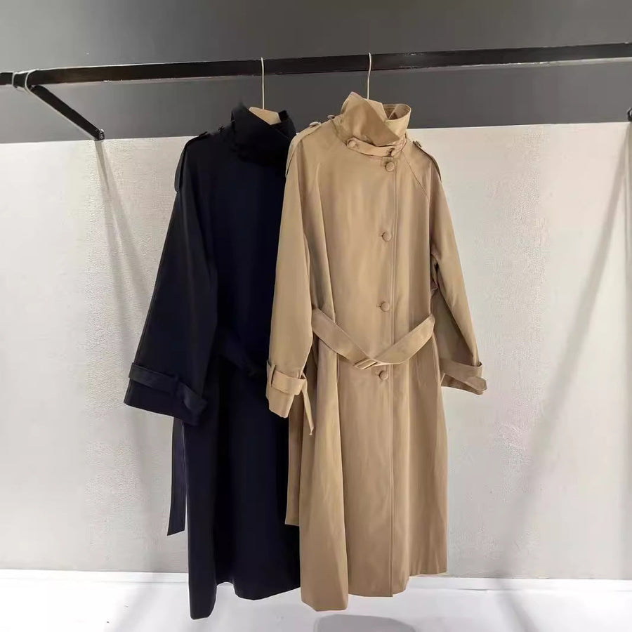 Manteau Long Type Trench Ceinturé Col Haut Femme