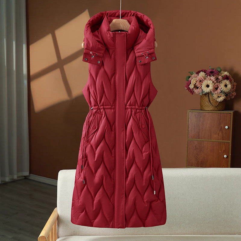 Long quilted sleeveless hooded puffer jacket with drawstring