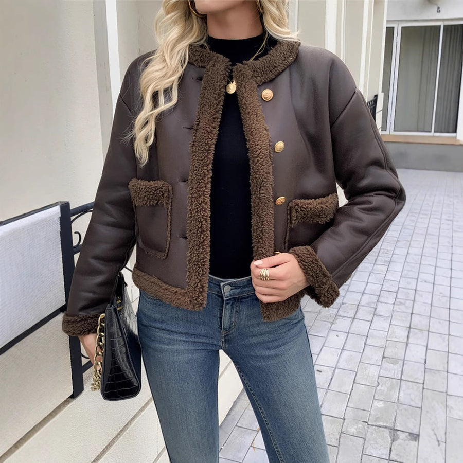 Chaqueta corta estilo aviador para mujer, marrón, forrada con efecto de borreguito y botones dorados