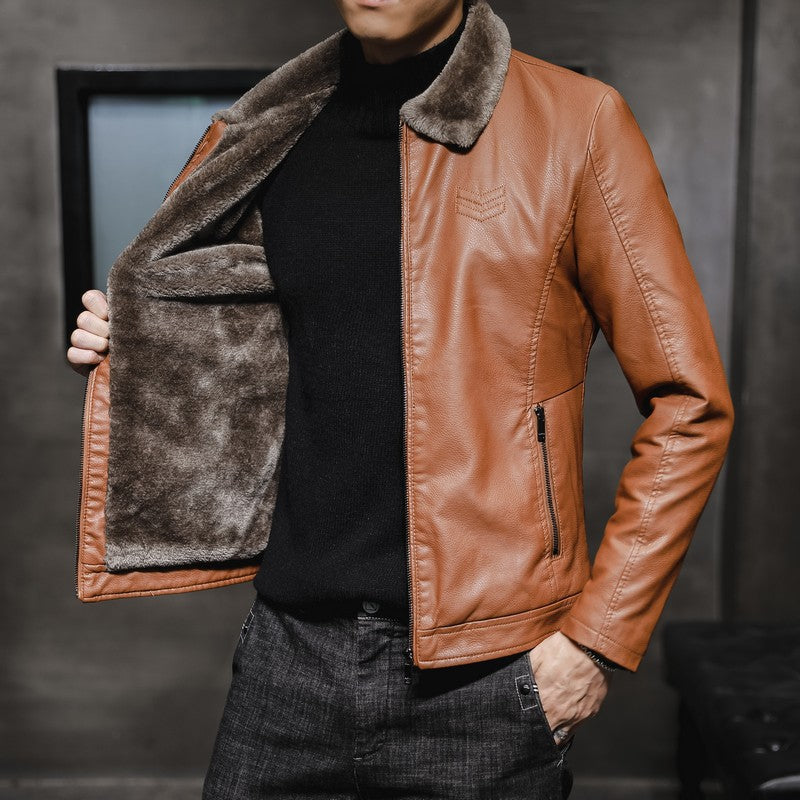 Men's solid-color bomber jacket lined with faux fur