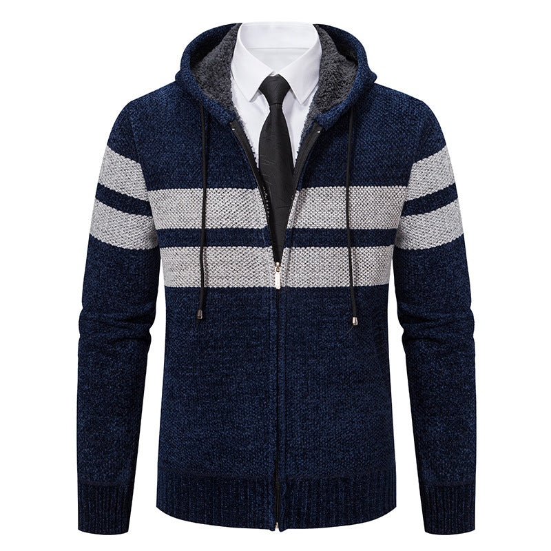 Strikket cardigan for menn med glidelås, hette og mykt fôr