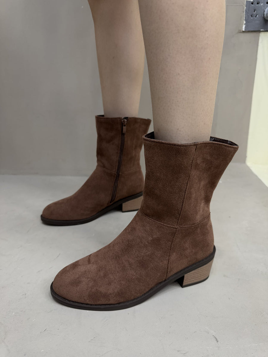Bruine damesenkellaarsjes met suède-look en brede hak