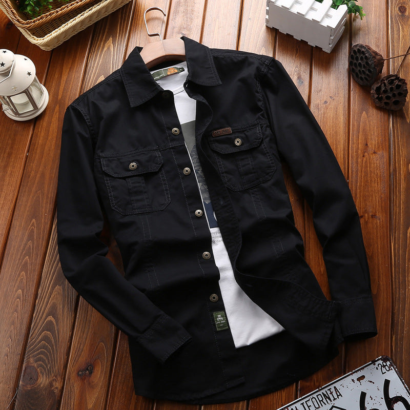 Camisa de hombre de manga larga, corte recto, estilo cargo, con dos bolsillos con solapa