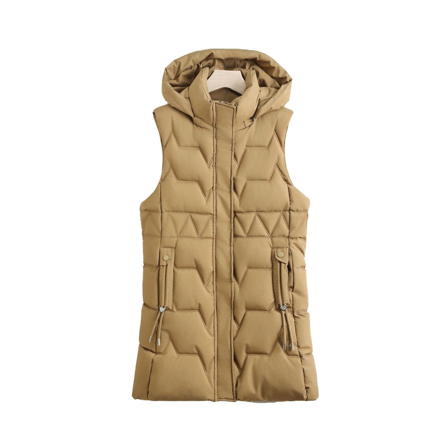 Chaleco largo acolchado sin mangas para mujer con capucha - Beige