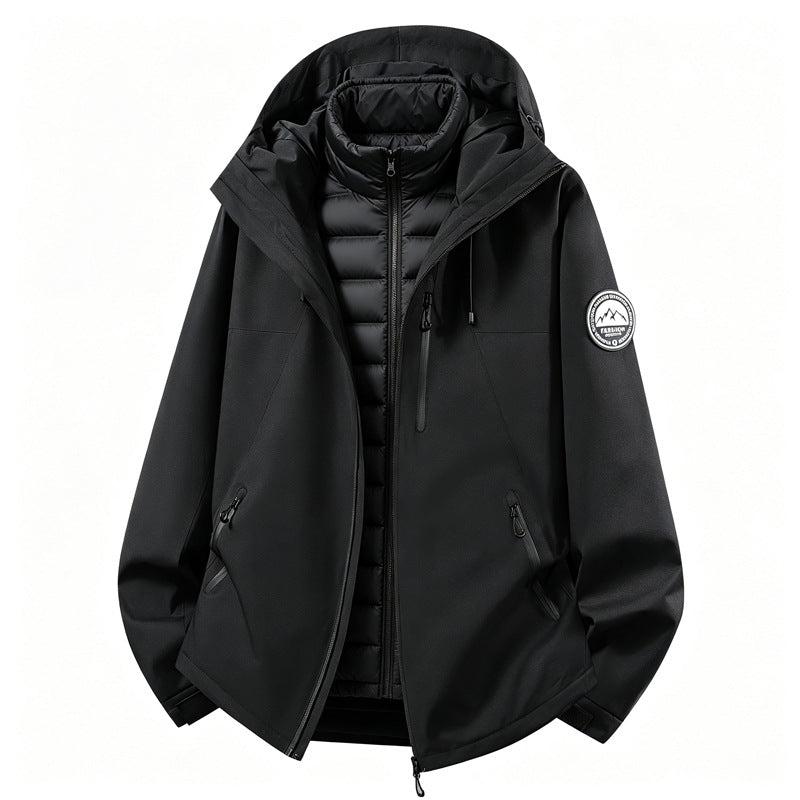 Unisex 3-in-1 Waterproof Hooded Jacket with Removable Hood and Quilted Inner Lining