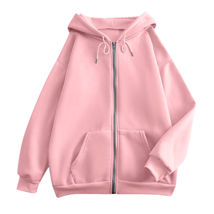 Sudadera lisa con capucha y cremallera, manga larga, estilo informal para mujer