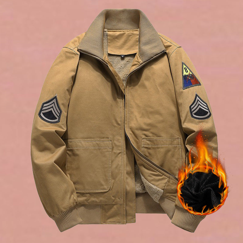 Men's Bomber-Style Jacket with Stand Collar and Decorative Patches