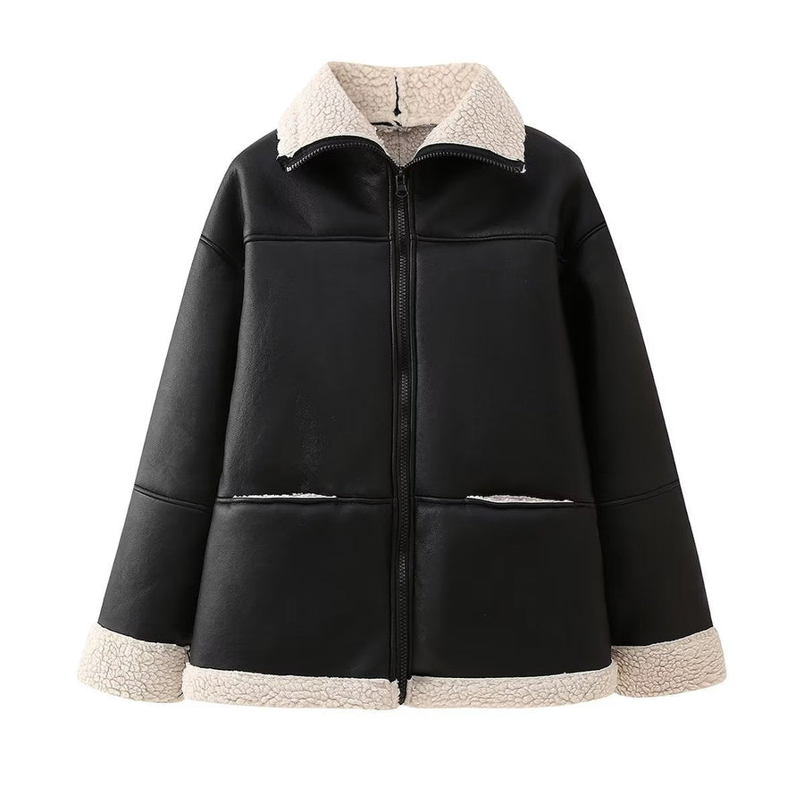 Schwarze Fliegerjacke für Damen mit beigem Futter