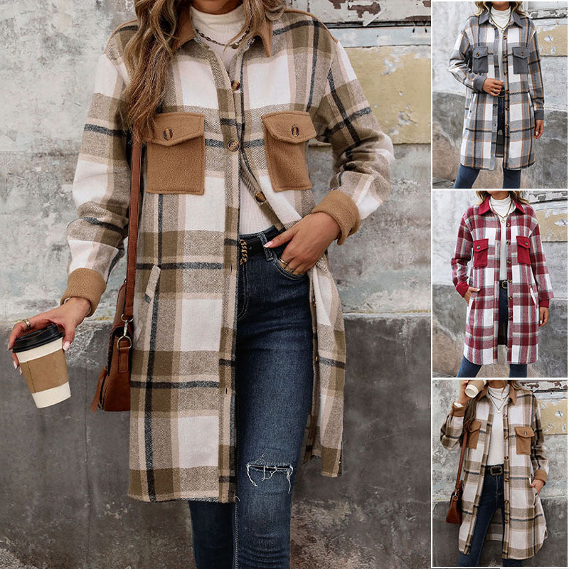 Veste longue Femme à carreaux style chemise avec poches poitrine