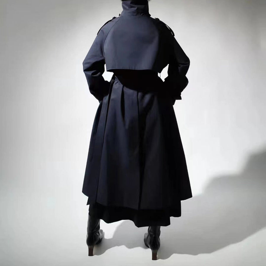 Manteau Long Type Trench Ceinturé Col Haut Femme