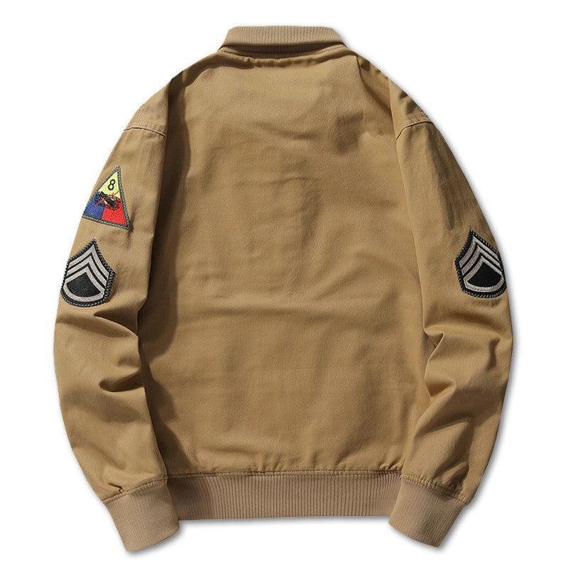 Men's Bomber-Style Jacket with Stand Collar and Decorative Patches