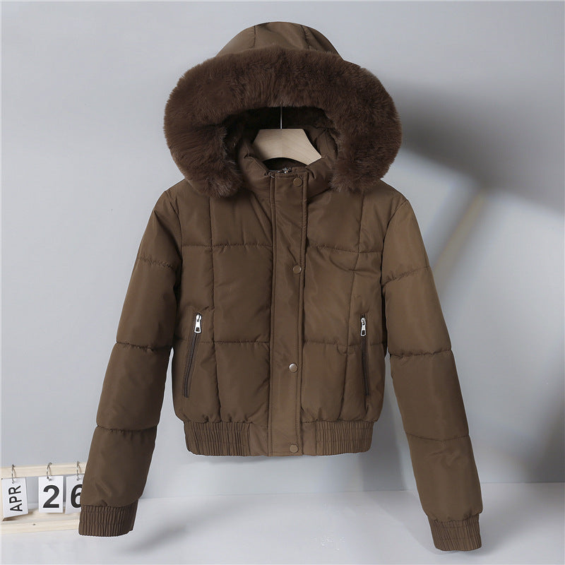 Women's short hooded puffer jacket with faux-fur trim