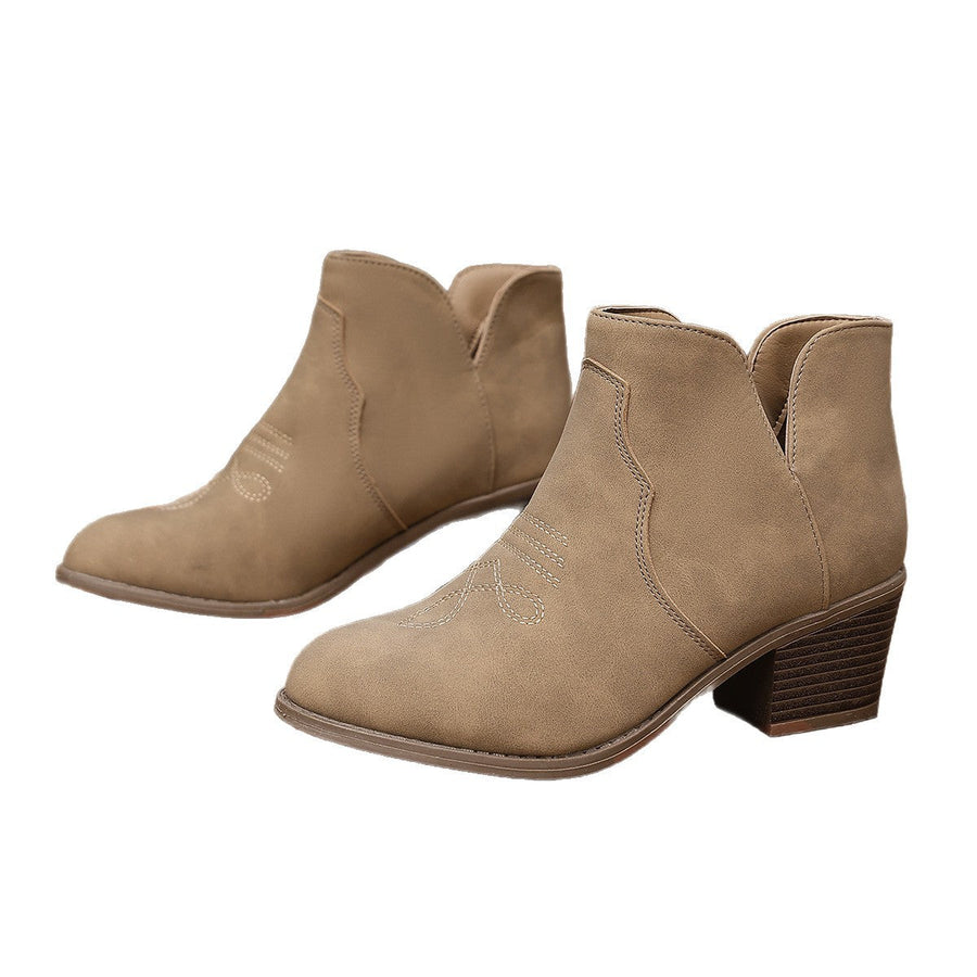 Women's Western-Style Ankle Boots with Square Heels and Low-Cut Design