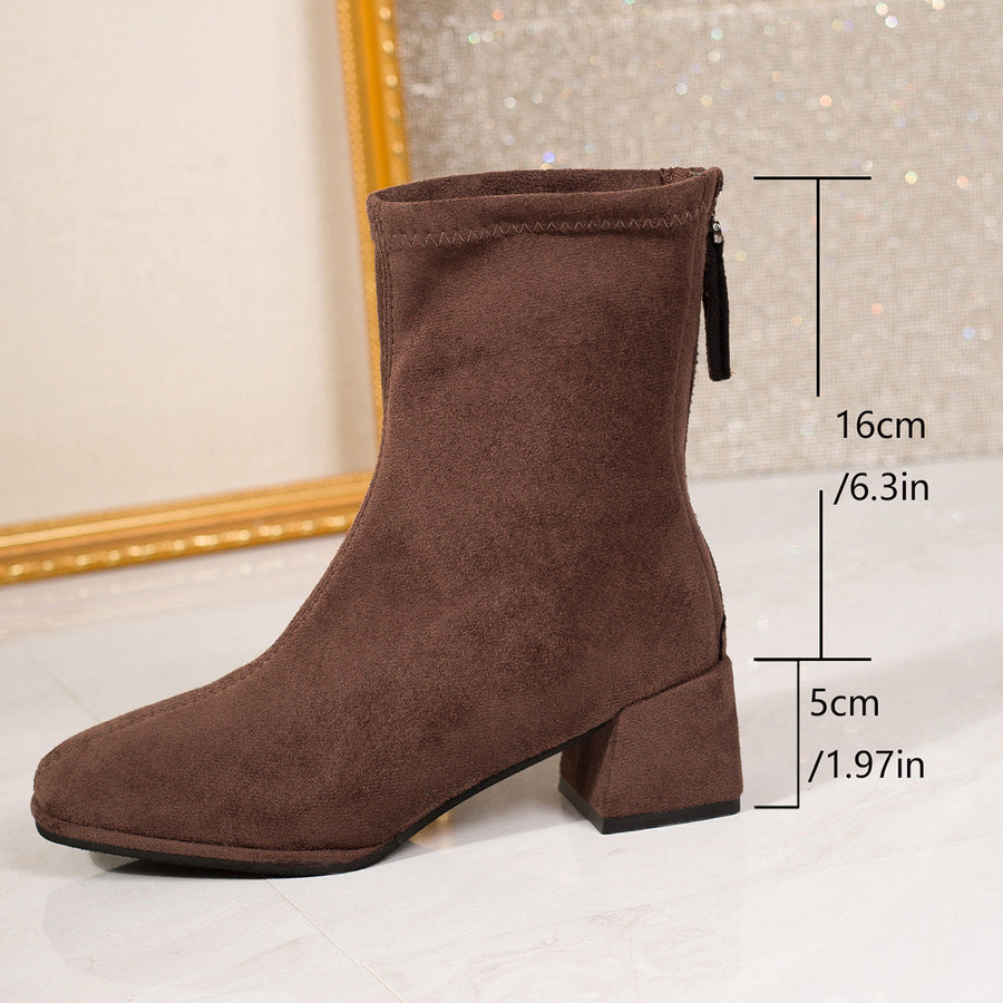 Women's Black Ankle Boots with Block Heels and Soft Fabric Back Zipper
