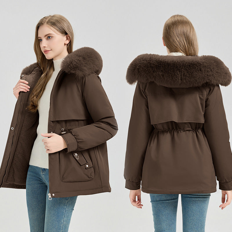 Damen-Parka mit Steppung, Kapuze mit Kunstpelzbesatz und verstellbarer Taille