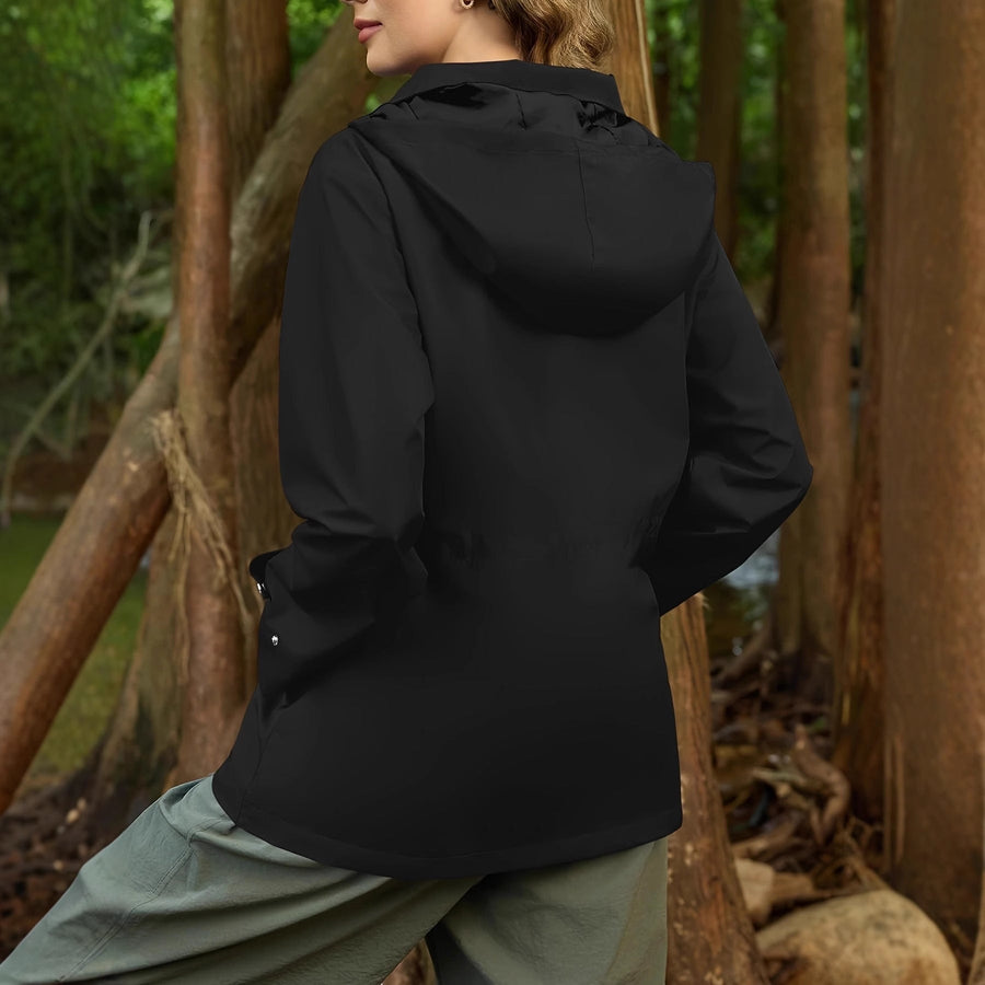 Women's Lightweight Hooded Parka with Waist Drawstring, Black