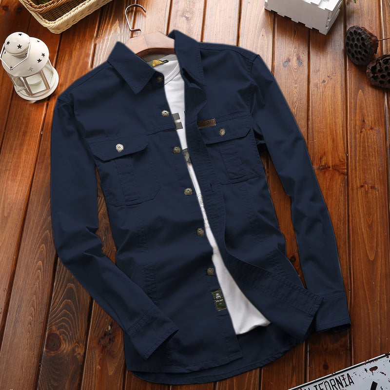 Camisa de hombre de manga larga, corte recto, estilo cargo, con dos bolsillos con solapa