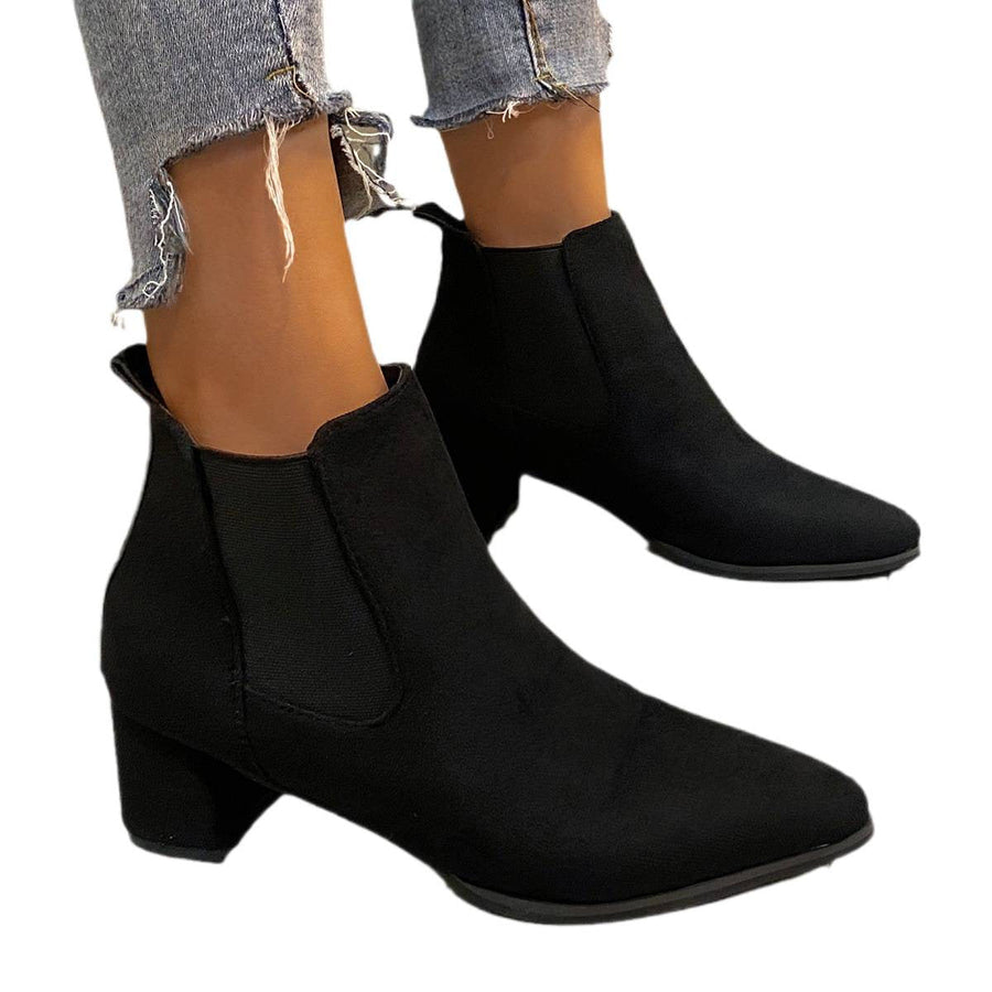 Schwarze Chelsea-Stiefel für Damen mit eckigem Absatz, spitzer Zehenkappe und weichem Material