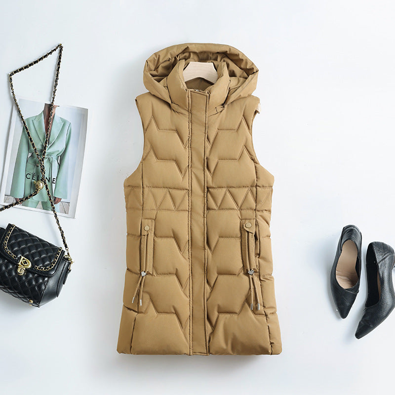 Chaleco largo acolchado sin mangas para mujer con capucha - Beige
