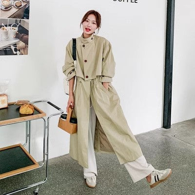 Trench-coat long beige femme à col montant et taille ajustable