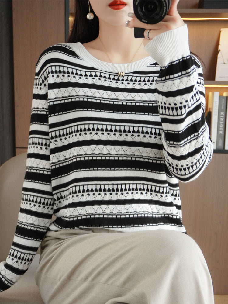Women's lightweight open-knit striped sweater in black and white