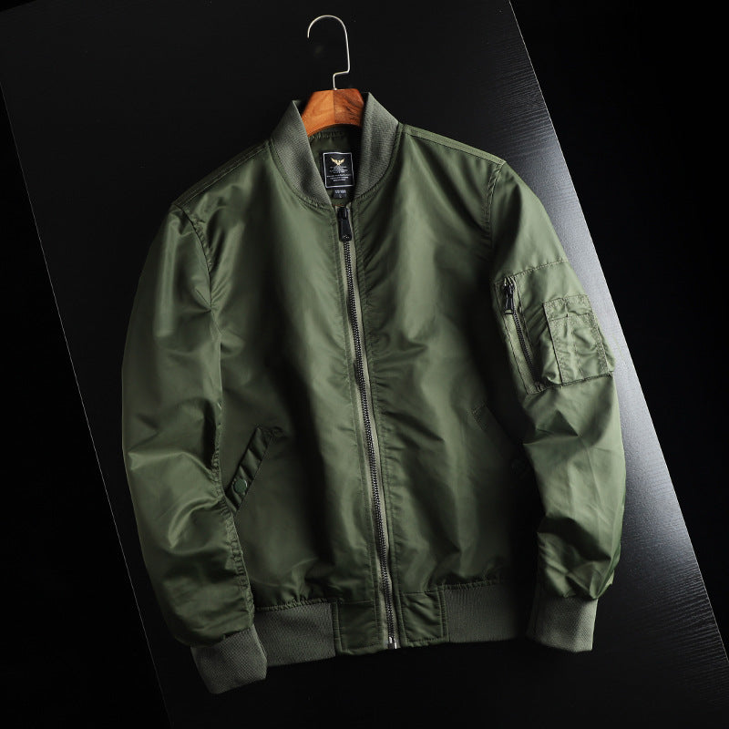 Men's solid-color bomber jacket with zippered pockets