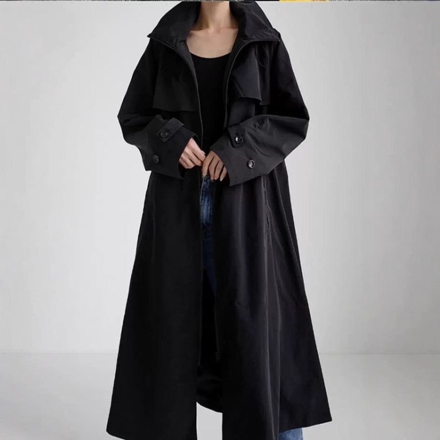 Long black hooded coat with a waist drawstring, casual style