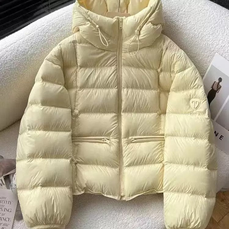 Kurze gesteppte Damen-Daunenjacke mit Kapuze und Reißverschluss