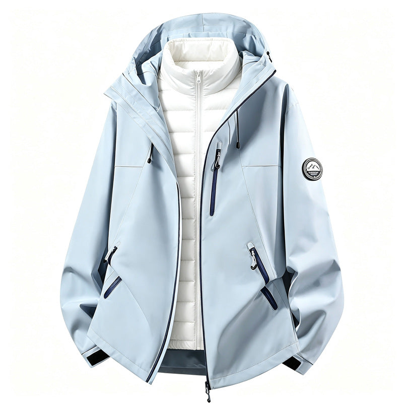 Unisex 3-in-1 Waterproof Hooded Jacket with Removable Hood and Quilted Inner Lining