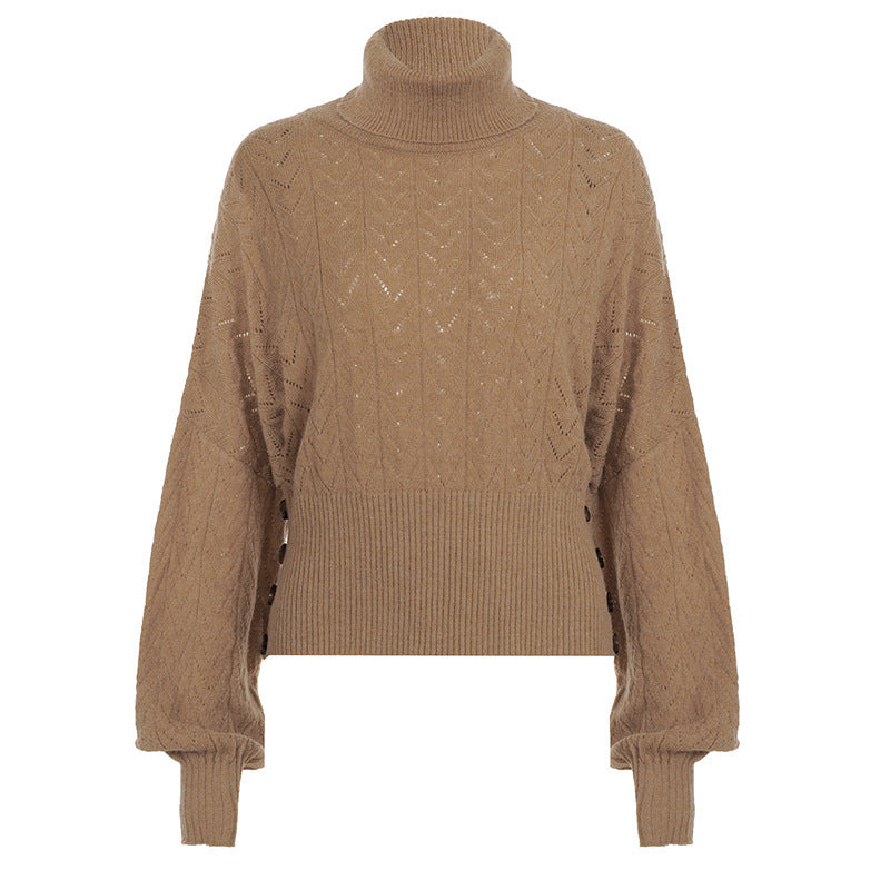Camel cropped openwork knit turtleneck sweater with puff sleeves