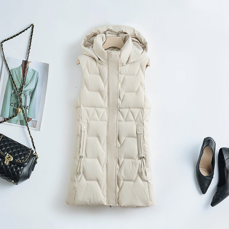 Chaleco largo acolchado sin mangas para mujer con capucha - Beige