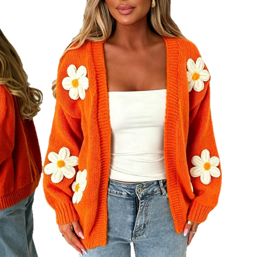 Offene Damen-Strickjacke mit aufgestickten Margeritenmotiven