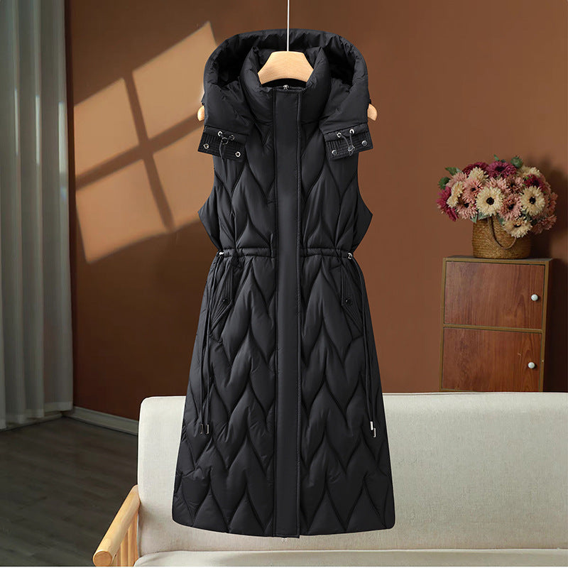 Long quilted sleeveless hooded puffer jacket with drawstring