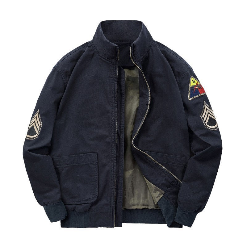Men's Bomber-Style Jacket with Stand Collar and Decorative Patches