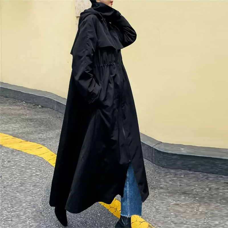 Long black hooded coat with a waist drawstring, casual style