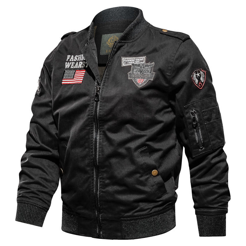Blouson Bomber Homme Militaire Patches Col Montant Beige