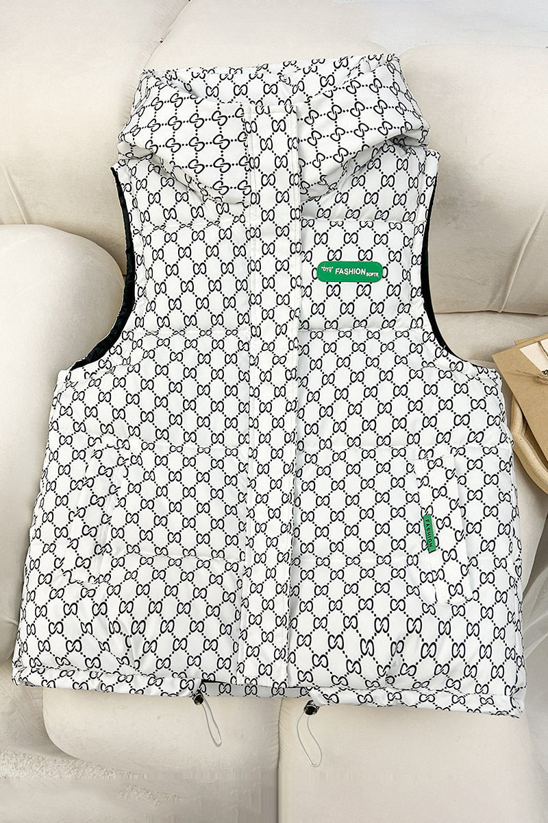 Unisex quilted sleeveless hooded jacket with assorted graphic patterns