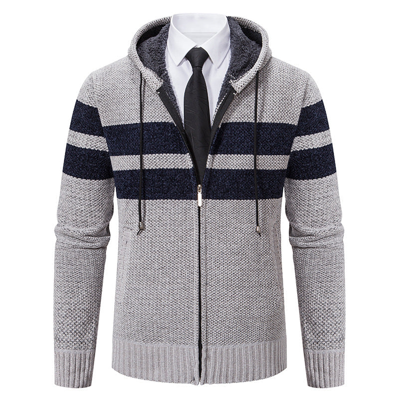 Strikket cardigan for menn med glidelås, hette og mykt fôr