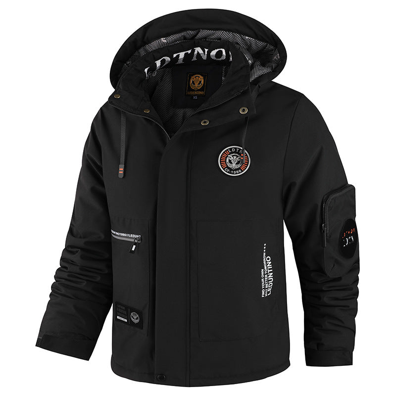 Men's Solid-Color Hooded Jacket with Pockets and Patches