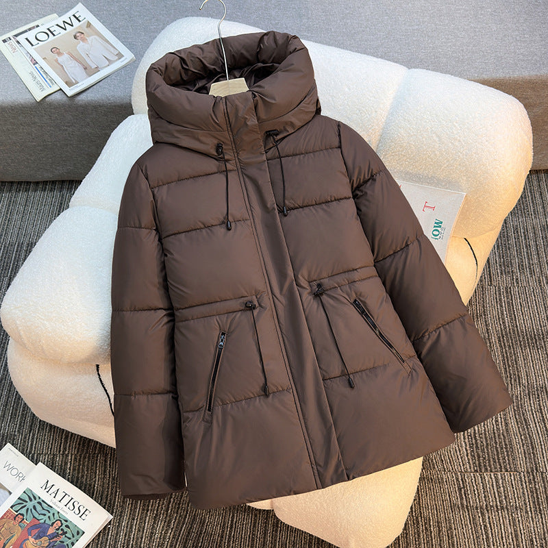 Short hooded puffer jacket with stand collar and drawstring, cream